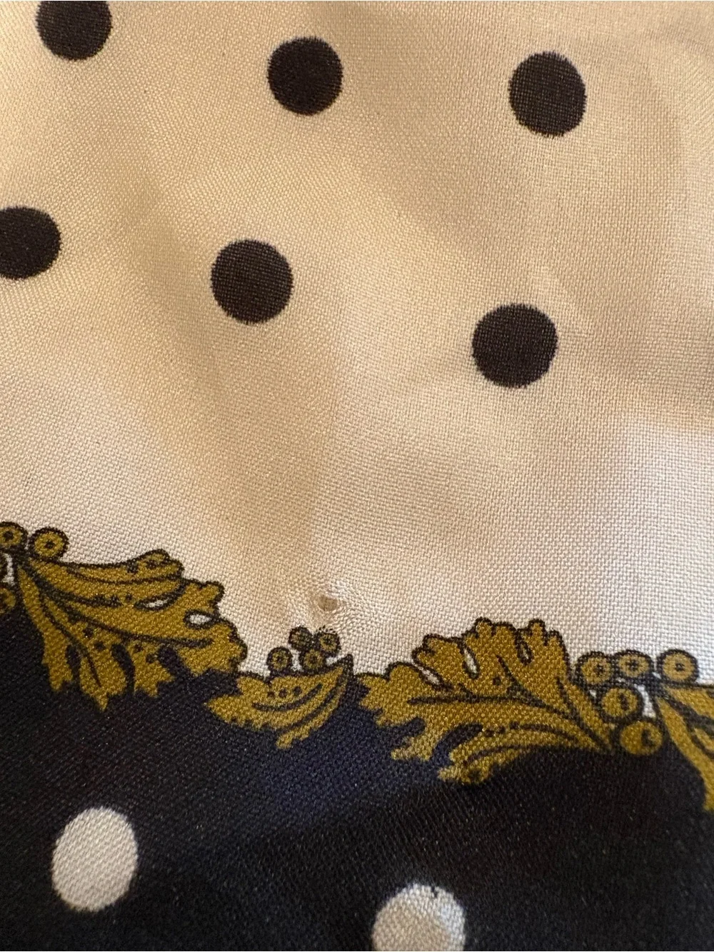 Sarah Coventry Black and Cream Polka Dot Scarf with Gold Leaf Border Vintage